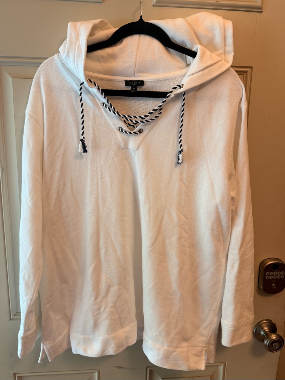 Talbots Plus White Lace Up Hoodie Size 1X Navy Nautical Drawstring - Picture 3 of 7